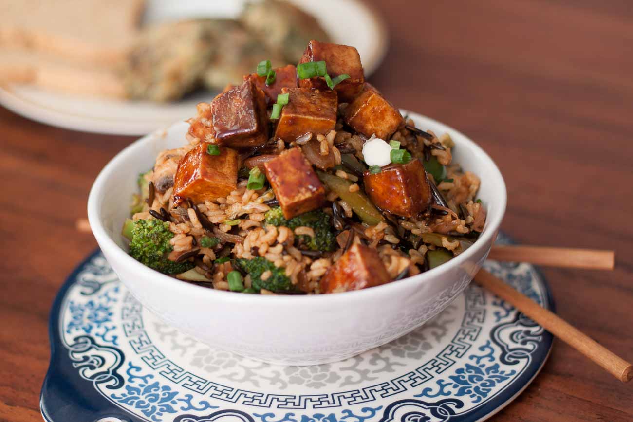 Stir Fried Brown Rice And Wild Rice Topped With Honey-Glazed Tofu Recipe