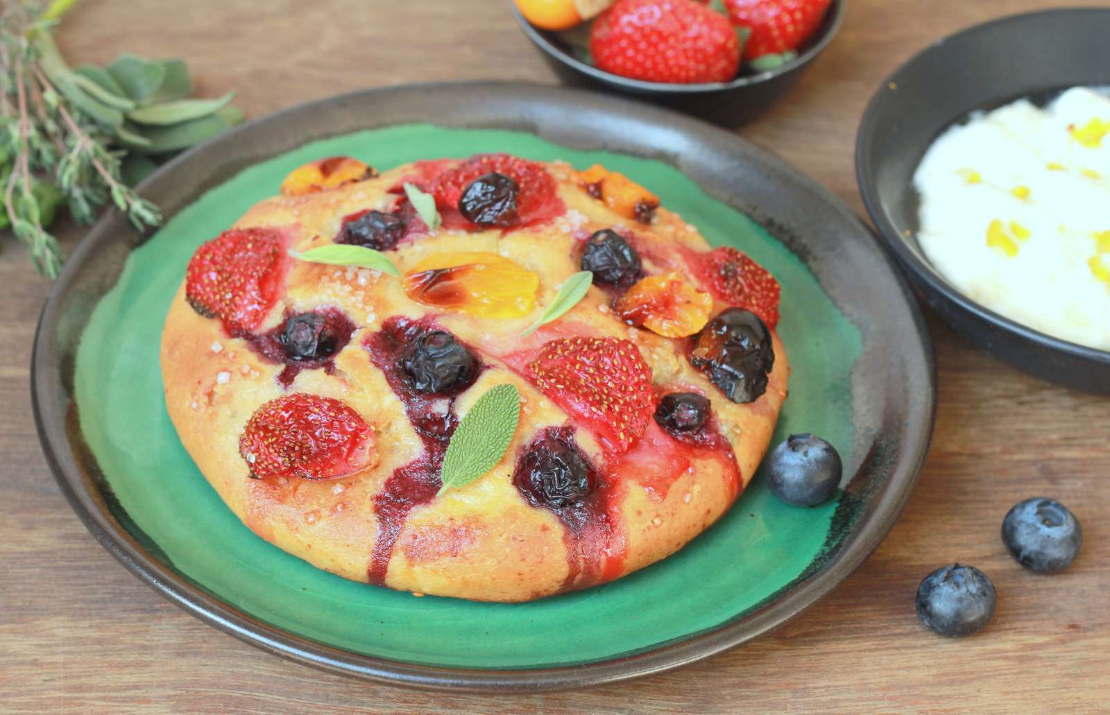 Berry Focaccia with sweetened Mascarpone Cheese
