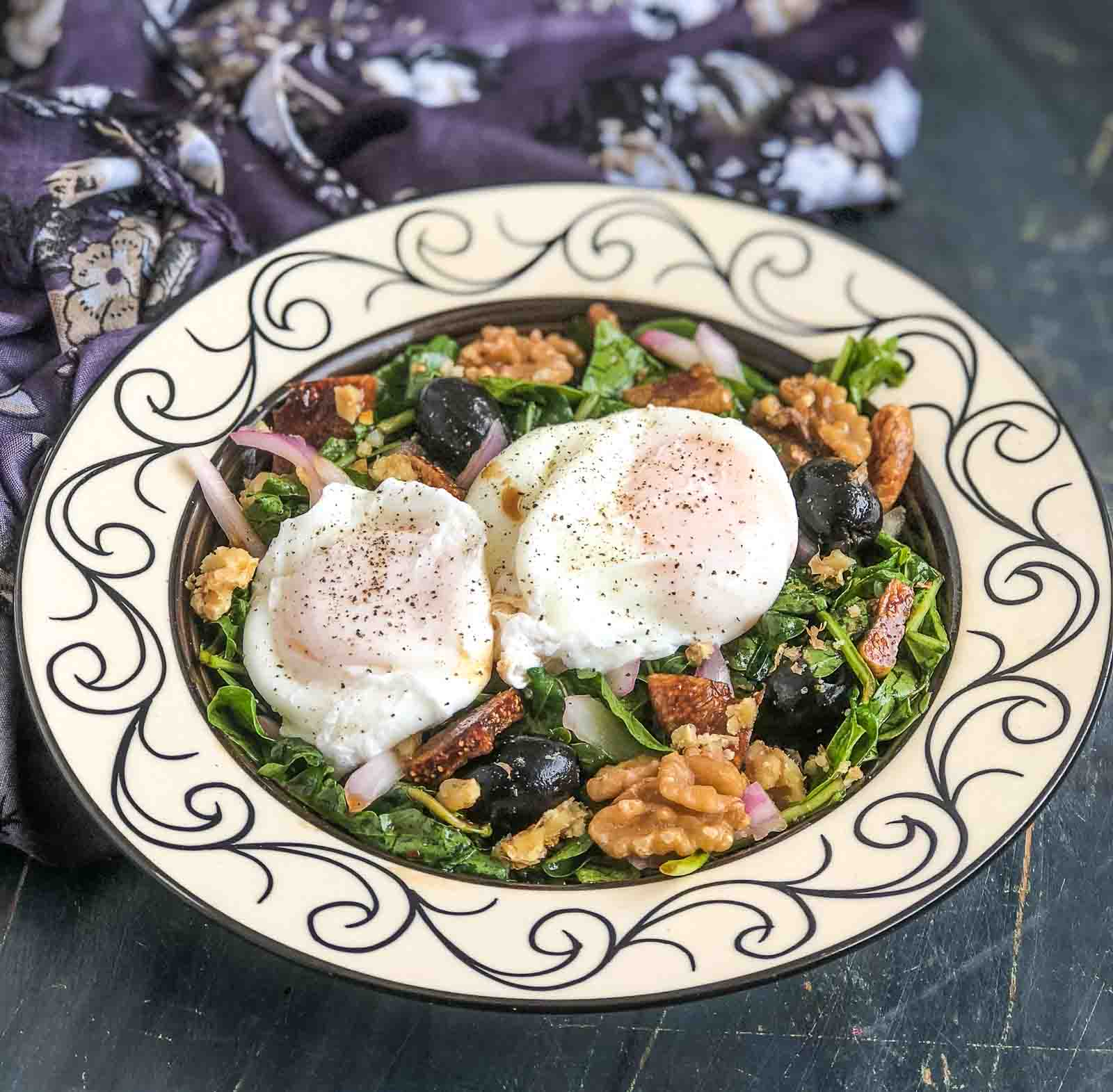 Poached Eggs Recipe With Arugula Fig Walnut Salad 