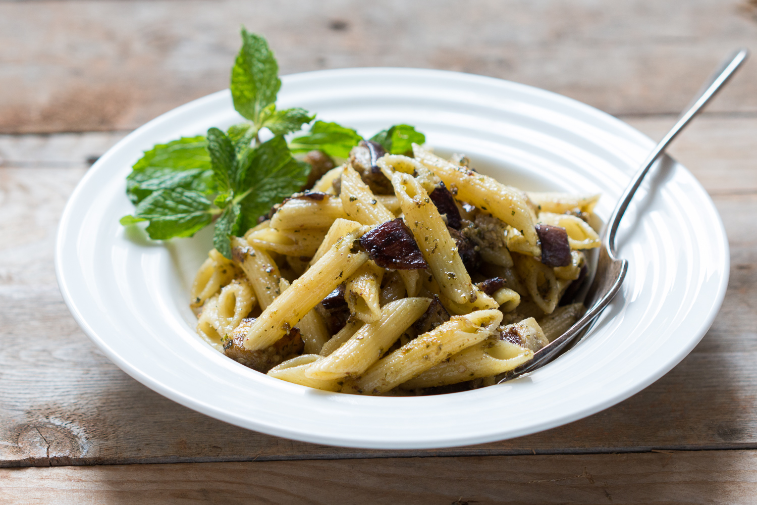 Penne With Roasted Eggplant And Mint Pesto Recipe