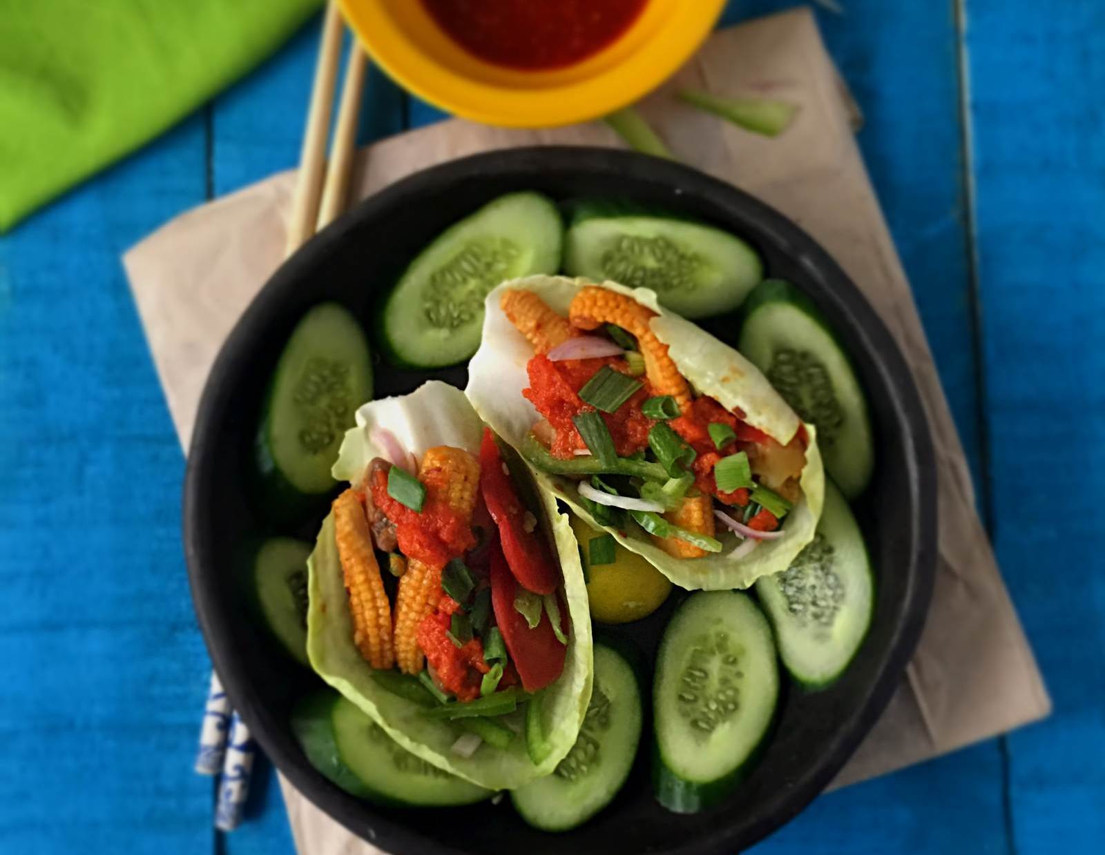 Chinese Tacos (Salad Taco with Hot and Sweet Vegetables) -Fusion Recipe