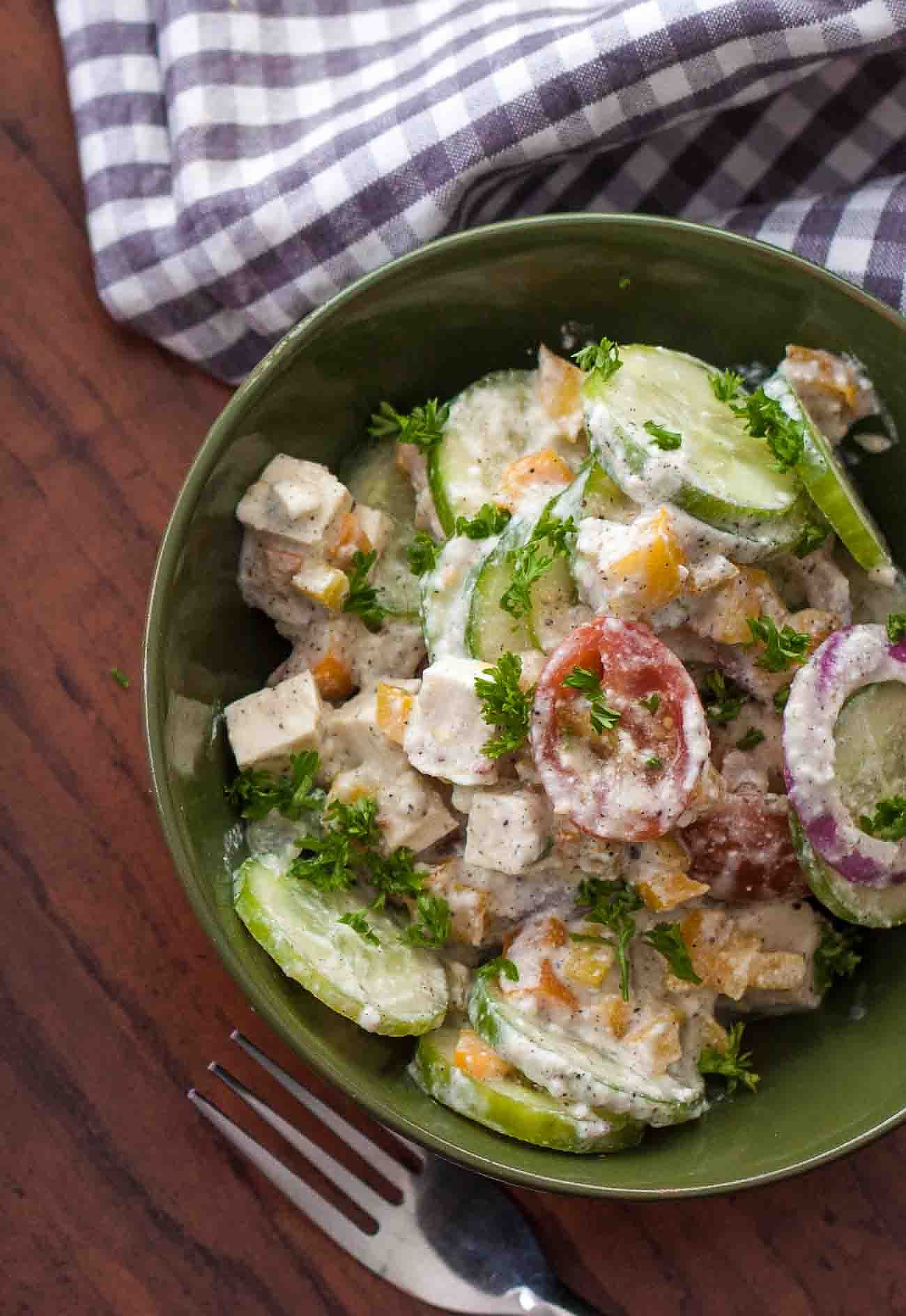 Healthy Fresh Vegetable Salad Bowl with Sour Yogurt Dressing Recipe 
