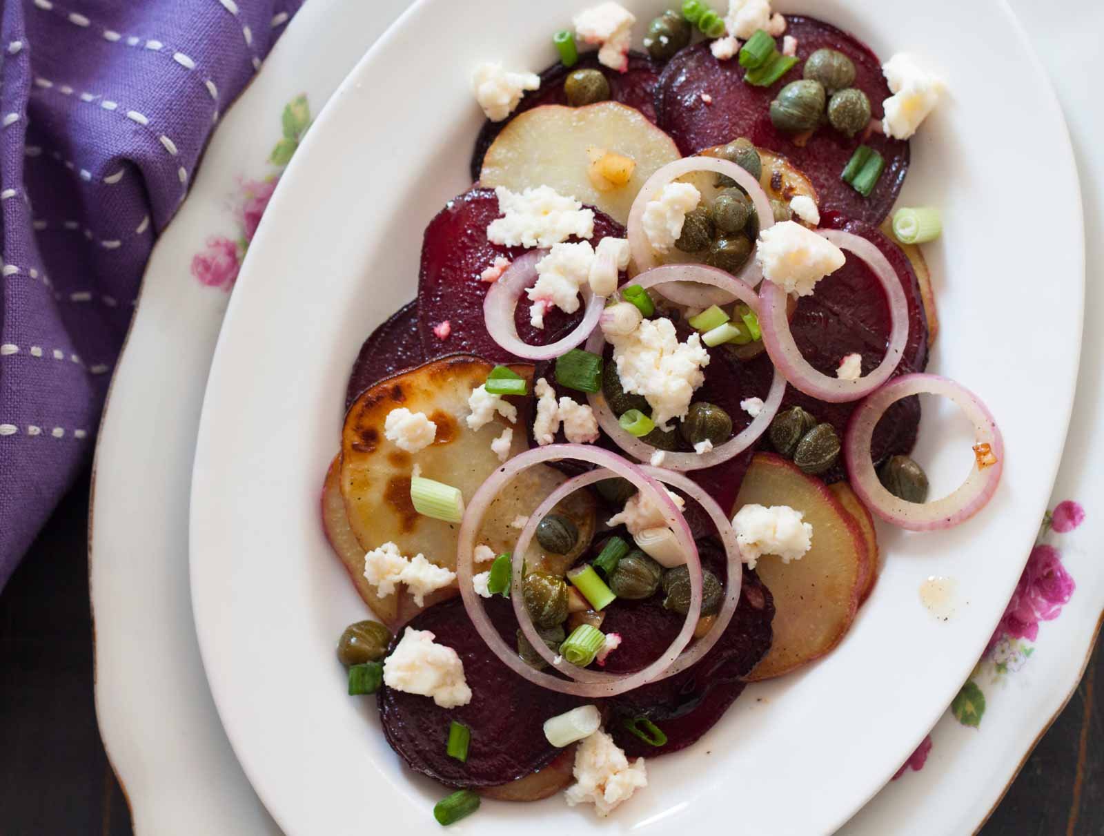 Roasted Sweet Potato and Beetroot with Capers and Burnt Garlic Lemon Dressing Recipe 