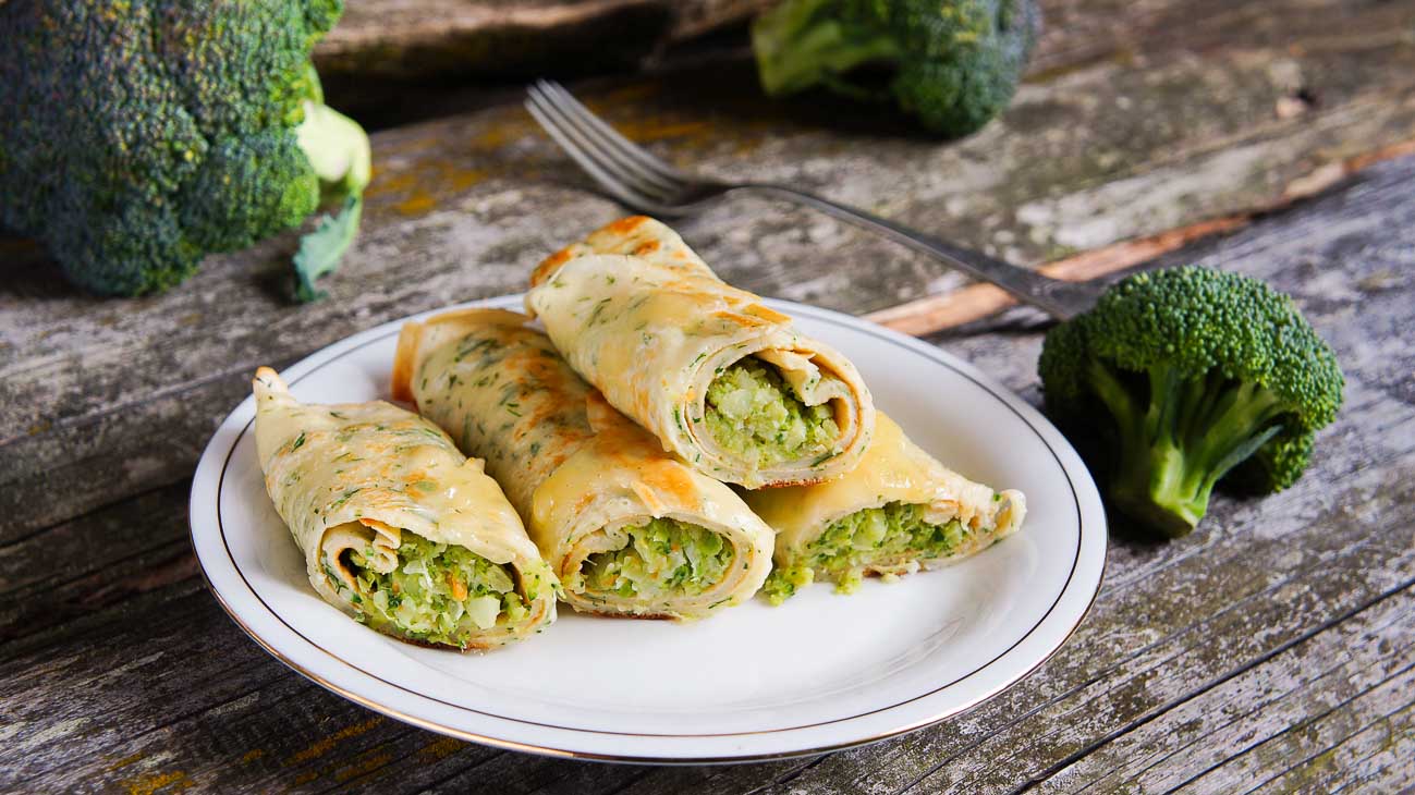 Broccoli & Cheese Filled Crepe Recipe (with Roasted Red Peppers)