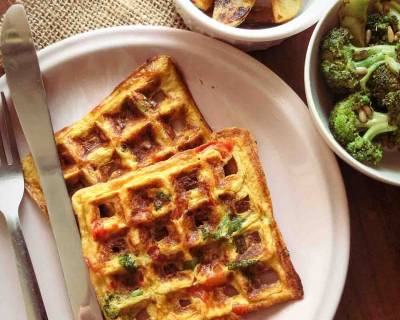 Breakfast Meal Plate : Masala Omelette Waffle, Potato Wedges And Broccoli Stir Fry