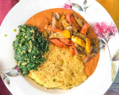 Continental Dinner To You Love - Creamy Polenta, Spinach Stir Fry & Vegetables In Pepper Sauce