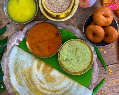 Enjoy A Lip Smacking South Indian Breakfast Of Ghee Masala Dosa, Sambar and Chutney  