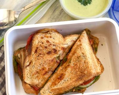 Lunch Box Ideas: Grilled Tomato Cucumber Chutney Sandwich And Almond Broccoli Soup