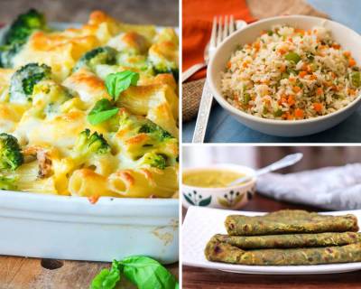 Kids Lunch Box Menu Plan- Carrot Aloo Paneer Curry, Baked Broccoli Pasta, Vegetable fried Rice & More