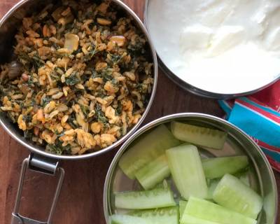 Lunch Box Recipes: Spinach Rice, Curd and Cucumber