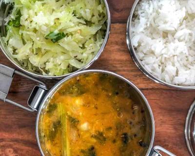 Lunch Box Ideas: Murungakkai Vendhaya Keerai Sambar, Cabbage Poriyal and Rice