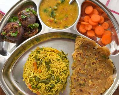Portion Control Meal Plate: Gujarati Dal, Kathiyawadi Stuffed Onion, Thepla