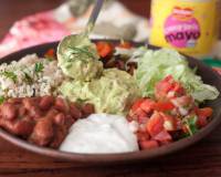 Delicious Spiced Red Bean Mexican Burrito Bowl With Avocados and Cheesy Garlic Mayo