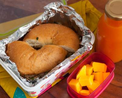 Kids Lunch Box: Mushroom and Scrambled Egg Bagel Sandwich, Mangoes & Fresh Juice