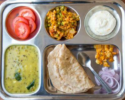 Portion Control Meal Plate:Gujarati Khatta Mag,Patta Gobi Nu Shaak,Gooseberry Pickle & Phulka