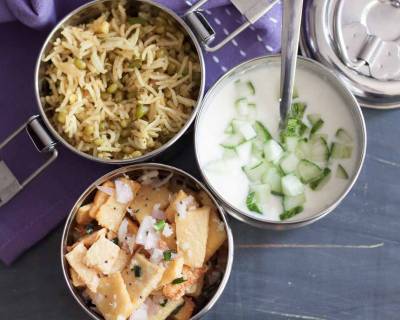 Lunch Box Ideas : Green Moong Bhaat, Yam Salad & Raita