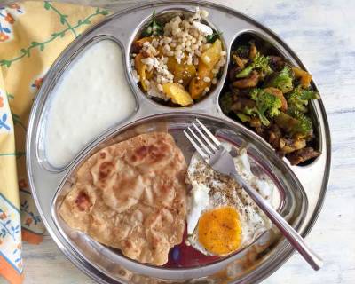 Portion Control Meal Plate: Urad Dal Salad, Broccoli Aloo Sabzi, Fried Egg, Tawa Paratha