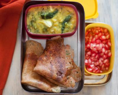 Kids Lunchbox Ideas: Moong Dal Chilla with Palakura Pappu & Pomegrantes
