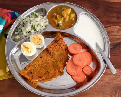 Portion Control Meal Plate:Batata Nu Shaak,Cabbage Poriyal,Carrot Thepla,Boiled Egg & Curd