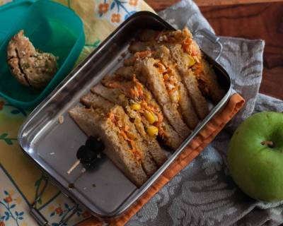 Kids Lunch Box Ideas:Creamy Vegetable Oats Mayo Sandwich, Whole Wheat Biscuit and Apple