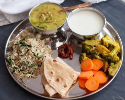 Everyday Meal Plate: Sattvik Recipes with Green Mung Bean Dal, Broccoli Stir Fry & Methi Pulao