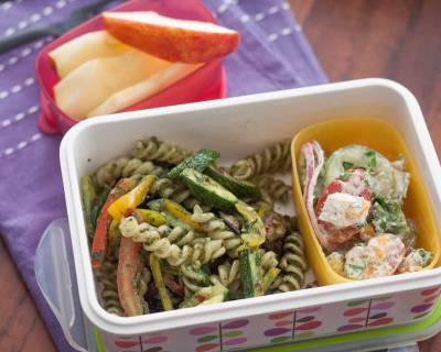 Plan Your Lunch Box Meal Spirulina Basil Pesto Pasta, Fresh Salad and More