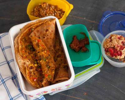 Lunch Box Idea With Tofu, Green Peas & Oats Stuffed Paratha, Instant Pickle And Cookies