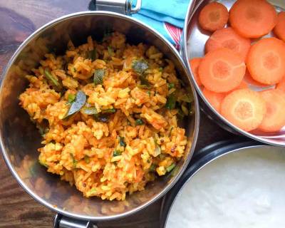 Kids Lunch Box Ideas: Tomato Rice, Homemade Curd & Sliced Carrot