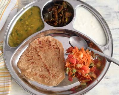 Portion Control Meal Plate: Tindora Nu Shaak, Dal Palak, Salad, Curd & Tawa Paratha