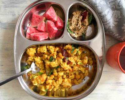 Breakfast Meal Plate : Hesarukaalu Upittu,Zucchini Thogayal, Fruit Bowl, Chai