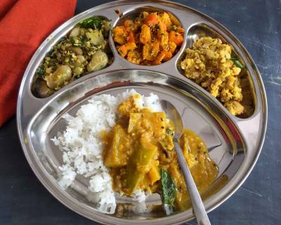 Portion Control Meal Plate : Sambar, Sundal, Corn Carrot Sabzi, Raw Banana Podimas And Rice