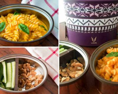 Kids School Lunch with Vaya : Spirali Pasta With Roasted Carrot Sauce, Cucumber & Walnuts