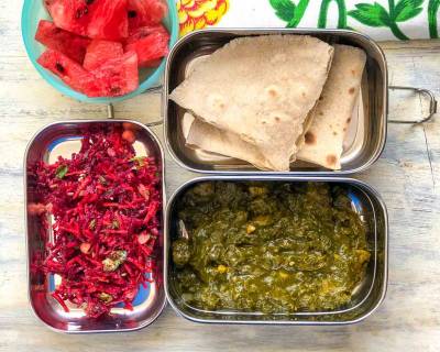 Kids Lunch Box Ideas: Soya Methi Palak Sabzi, Beetroot Salad, Phulka & Watermelon