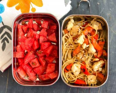 Kids Lunch Box Recipes: Roasted Cauliflower Capsicum Pasta & Watermelon