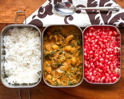 Lunch Box Ideas: Mushroom Spinach & Chickpea Curry,Steamed Rice & Pomegranate 