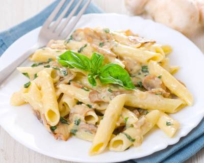 Penne Pasta Recipe In Alfredo Sauce With Roasted Mushrooms