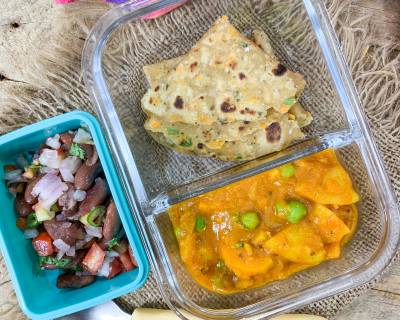 Kids Lunch Box : Gajar Aloo Matar Sabzi, Cabbage Carrot Paratha And Rajma Salad