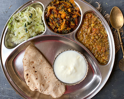 Portion Control Meal Plate : Cabbage Poriyal, Karela Aloo Sabzi, Masoor Dal Tadka, Phulka And Dahi 