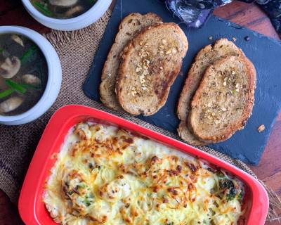 Comforting Cheesy Meal Of Creamy Au Gratin With Soup And Bread For Dinner 