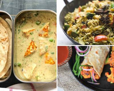 Kids School Lunch Box Menu Plan-Nawabi Paneer, Mushroom Biryani, Gobi Kathi Roll & More