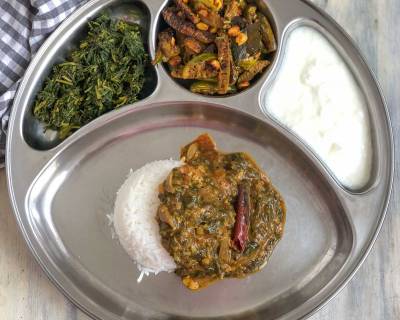 Portion Control Meal Plate - Huli Soppu Saaru ,Keerai Masiyal, Tindora Sabzi, Rice and Curd