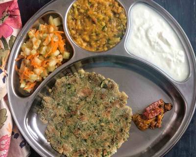 Portion Control Meal Plate: Sindhi Tridali Dal Jowar Doda Salad Dahi & Achaar 
