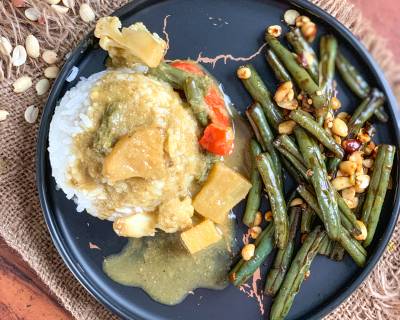 An Asian Meal Of Thai Pineapple Curry, Sticky Rice And Stir Fried Green Beans That Will Satisfy Your Taste Buds