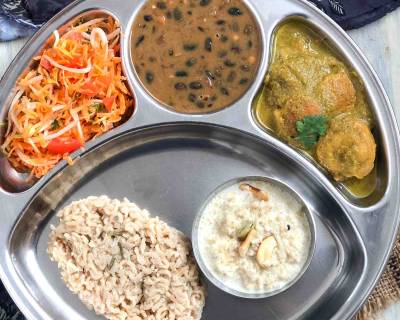 Portion Control Kumani Meal Plate: Black Bean Curry Dubuk Vade Jhangora Ki Kheer & Salad  