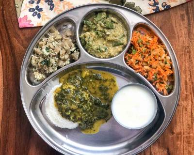 Portion Control Meal: Drumstick Leaves Sambar Vazha Thandu Poriyal Avarakki Poricha Kootu Salad Curd 