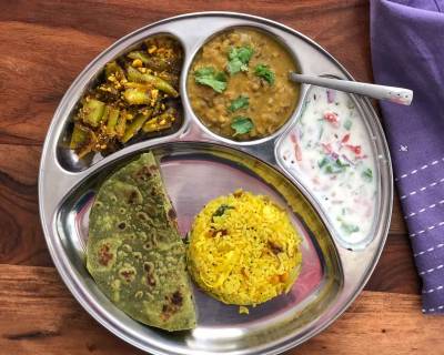 Portion Control Meal Plate: Palak Paratha, Mirch Ki Sabzi, Panchmel Dal, Lemon Rice & Raita