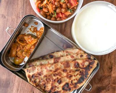 Lunch Box Ideas : Aloo Paratha, Gunde Ka Achar, Kala Chana Salad and Curd
