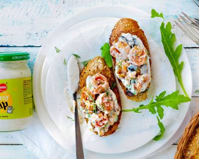 Shrimp Walnut Bruschetta Recipe Flavored With Cheesy Dip