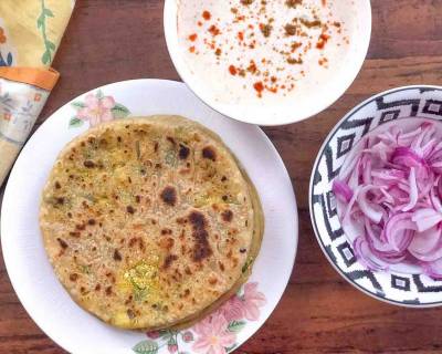 Breakfast Meal Plate : Gobi Paratha, Burani Raita & Pickled Onions