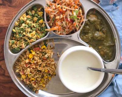 Portion Control Meal Plate : Corn Pulao, Mushroom Palak, Egg and Beans Bhurji, Carrot Salad and Homemade Curd